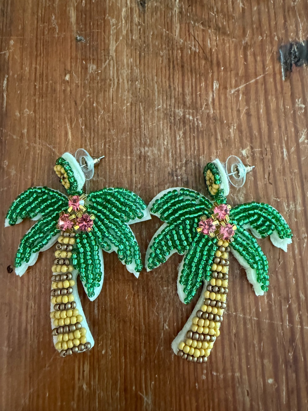 Beaded Green Palm Leaf Earrings with Pink Crystal Centers